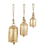 Deco 79 Metal Decorative Cow Bells Tibetan Inspired with Jute Hanging Rope, Set of 3 10",8",6"H, Gold