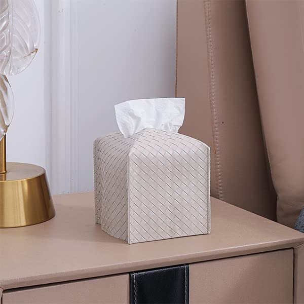 Tissue Box Cover PU Leather Tissue Holder Square Facial Tissue Case Facial Paper Organizer Dispenser for Bathroom, Vanity Countertop, Tabletop, Car, Griege