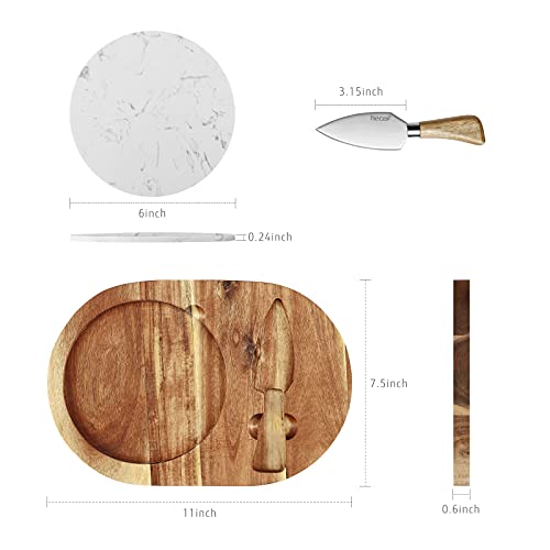 hecef Oval Wooden Cheese Board Set, Acacia Wood Cheese Serving Board with White Marble, Cheese Knife Charcuterie Platter Cheese Serving Tray for Cheese Cake Appetizers, Housewarming