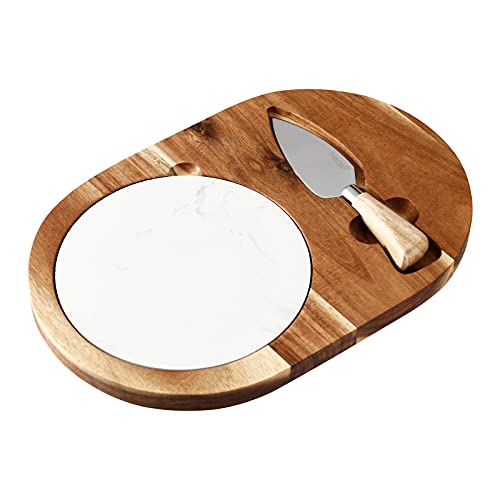 hecef Oval Wooden Cheese Board Set, Acacia Wood Cheese Serving Board with White Marble, Cheese Knife Charcuterie Platter Cheese Serving Tray for Cheese Cake Appetizers, Housewarming