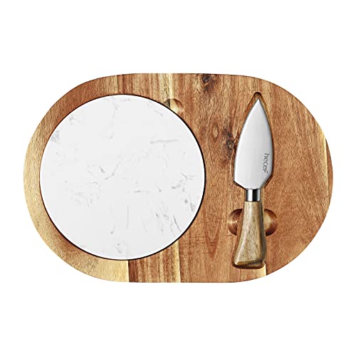 hecef Oval Wooden Cheese Board Set, Acacia Wood Cheese Serving Board with White Marble, Cheese Knife Charcuterie Platter Cheese Serving Tray for Cheese Cake Appetizers, Housewarming