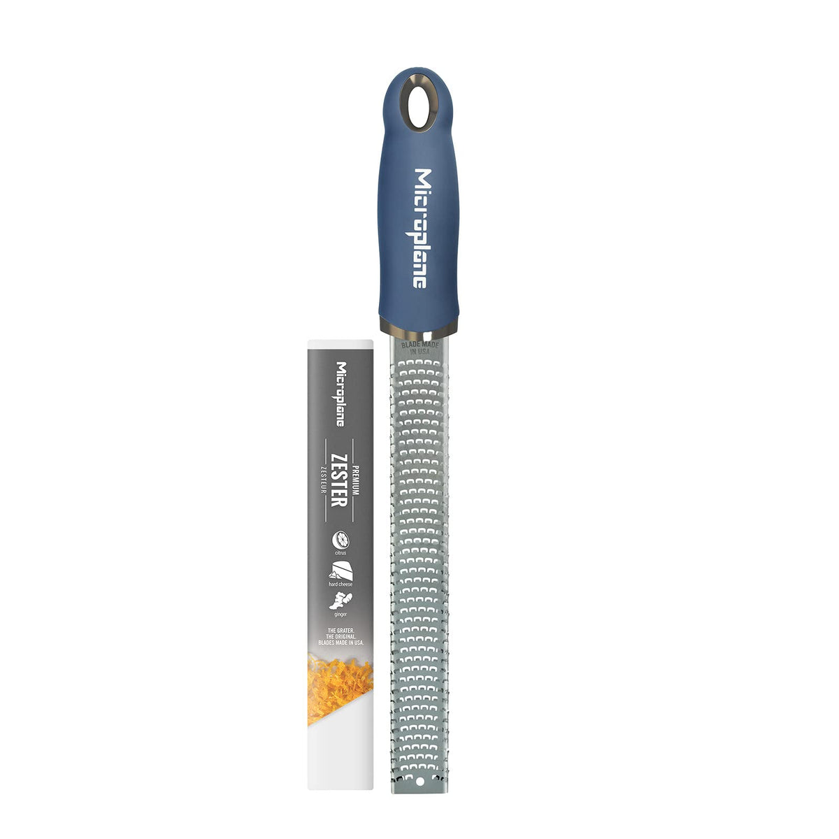 Microplane Premium Zester Grater in Denim Blue | Lemon Zester tool, Hard Cheese & Vegetable Grater | For Citrus, Parmesan Cheese, Garlic, Ginger, Nutmeg | Fine Stainless Steel Blade, Made in USA