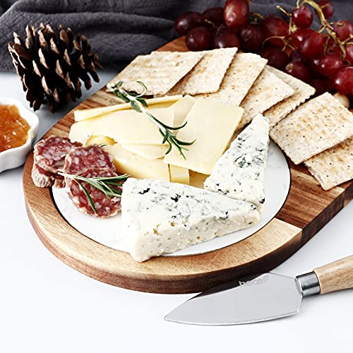 hecef Oval Wooden Cheese Board Set, Acacia Wood Cheese Serving Board with White Marble, Cheese Knife Charcuterie Platter Cheese Serving Tray for Cheese Cake Appetizers, Housewarming