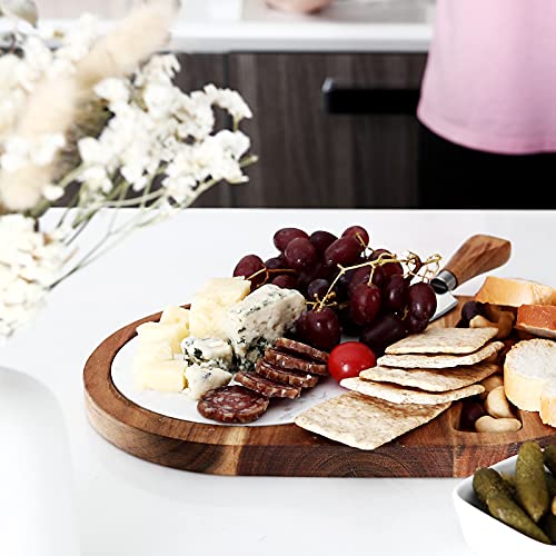 hecef Oval Wooden Cheese Board Set, Acacia Wood Cheese Serving Board with White Marble, Cheese Knife Charcuterie Platter Cheese Serving Tray for Cheese Cake Appetizers, Housewarming