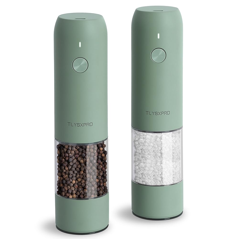 TLYSXPRO Electric Salt and Pepper Grinder Set, USB Rechargeable, Automatic Salt and Pepper Mill Grinder with Adjustable Coarseness, Electric Salt Shakers, LED Light, Refillable (2 Packs, Sage)