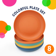 Homienly Deep Dinner Plates Set of 8 Alternative for Plastic Plates Microwave and Dishwasher Safe Wheat Straw Plates for Kitchen Unbreakable Kids Plates with 4 Colors (Classic Bright, 9 inch)