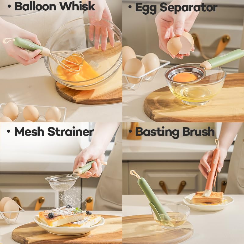 Cosamtec 4 Pcs Baking Set Includes Whisk, Egg Separator, Mesh Strainer and Basting Brush Kitchen Utensil Set with Non-Slip Nylon Handles for Baking and Cooking