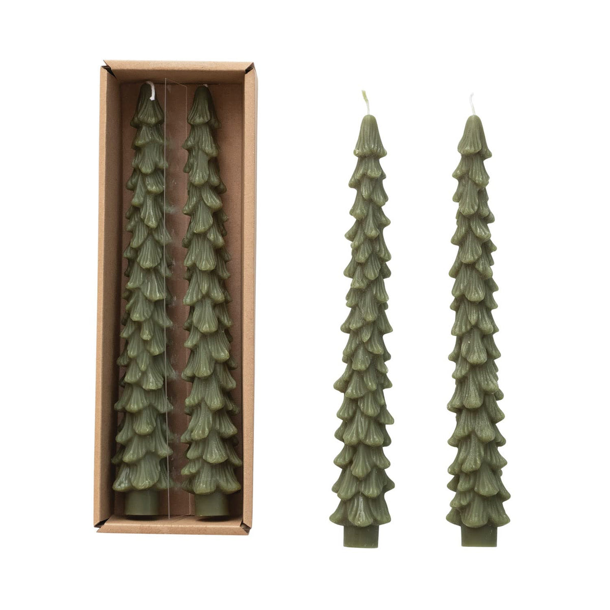 Creative Co-Op Unscented Tree Shaped Taper Candles, Evergreen, Boxed Set Of 2