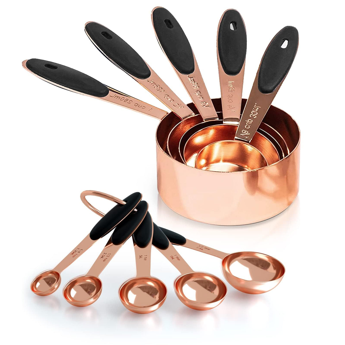 Joyhill Copper Measuring Cups and Spoons Set of 10 Piece, Stainless Steel Nesting Measuring Cup Set with Soft Touch Silicone Handles for Dry and Liquid Ingredients