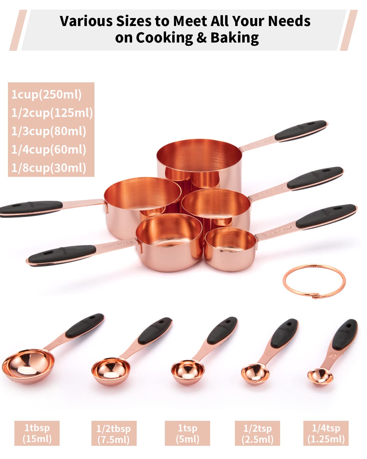 Joyhill Copper Measuring Cups and Spoons Set of 10 Piece, Stainless Steel Nesting Measuring Cup Set with Soft Touch Silicone Handles for Dry and Liquid Ingredients