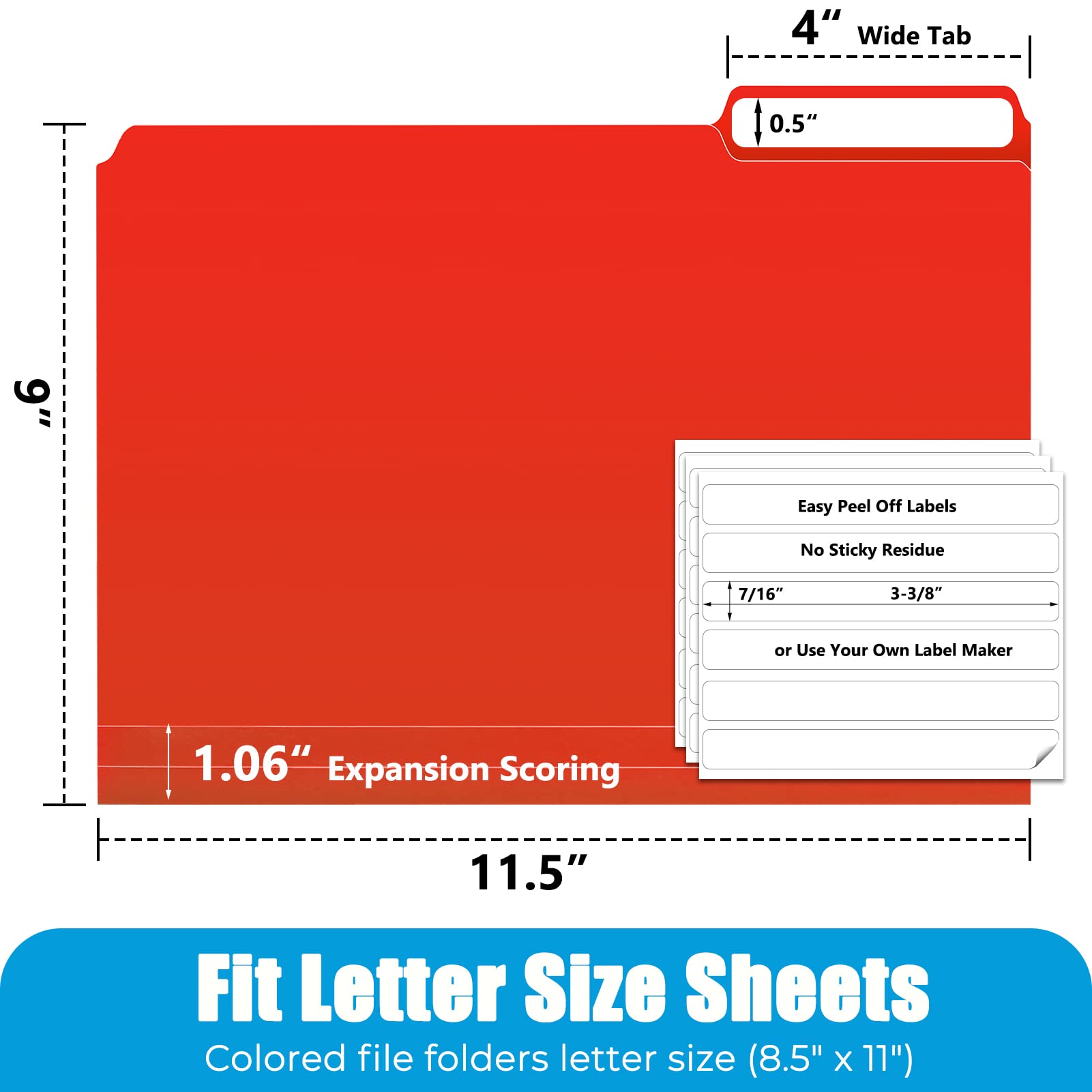 HABGP 12Pcs Colored File Folders Letter Size with Tabs, Manilla Folders 8.5 x 11, Plastic Manila Folders 1/3 Cut, Office Supplies Filing Folders for Documents, Filing Cabinet, Paper, School