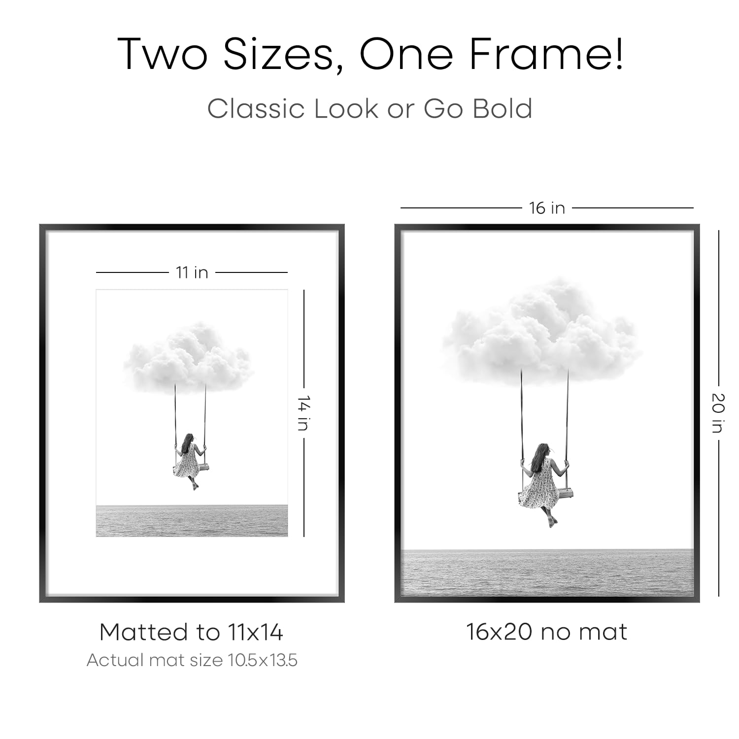 Homeforia 16x20 Black Frame Matted to 11x14 - Metal 16 x 20 Picture Frames For Wall - Aluminum 16 by 20 Poster Frame - Tempered Glass - Wall Hook Included - Set of 1