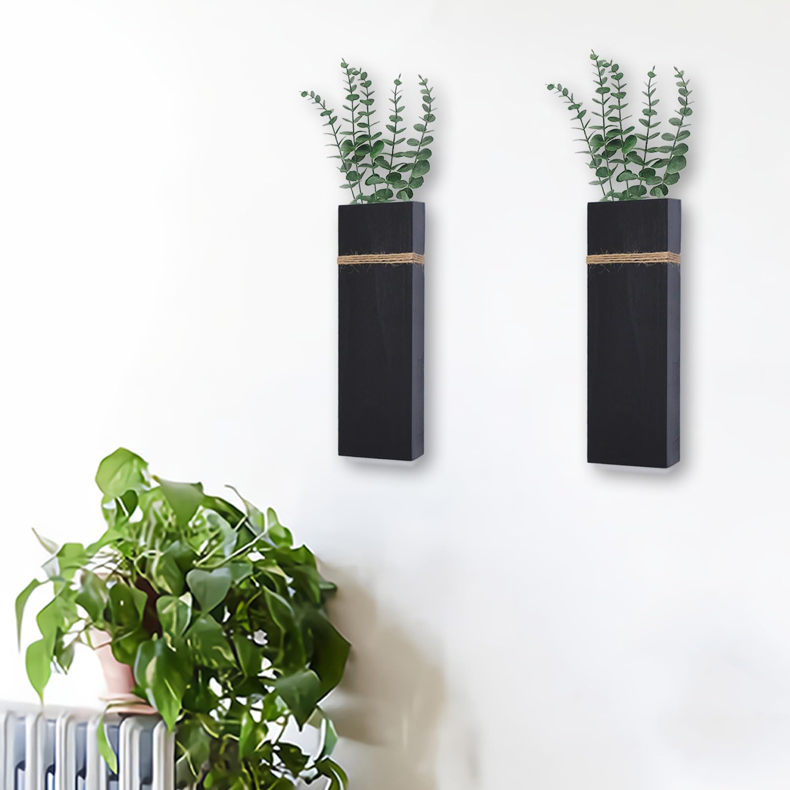 Wall Planters for Indoor Plants - 2 Pack Wood Wall Vases for Dried Flowers & Artificial Plants Modern Farmhouse Wooden Vase for Living Room Bedroom Kitchen Wall Decorations - Black