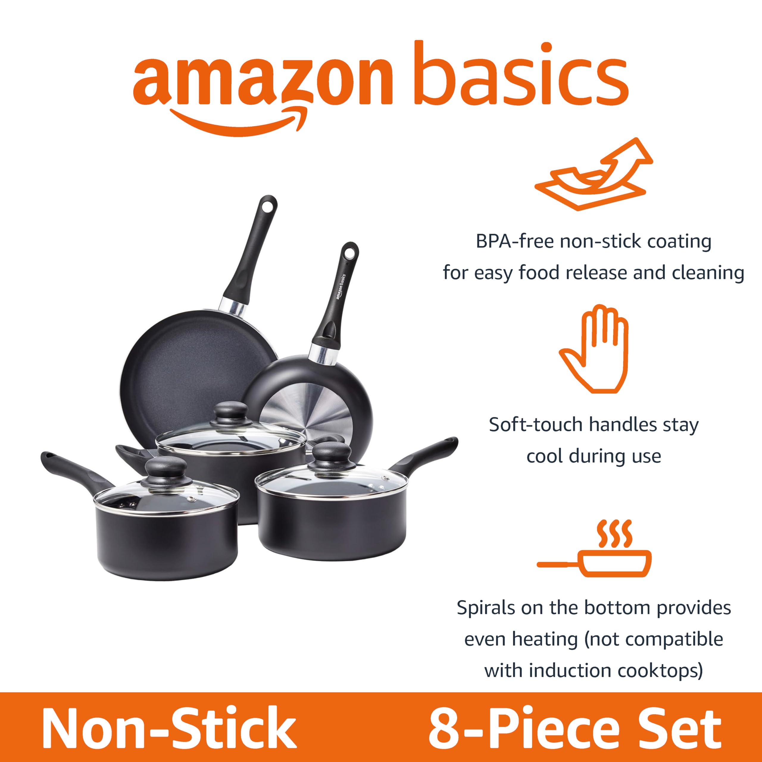 Amazon Basics Non Stick 8-Piece Kitchen Cookware Set, Includes Pots and Pans, Black