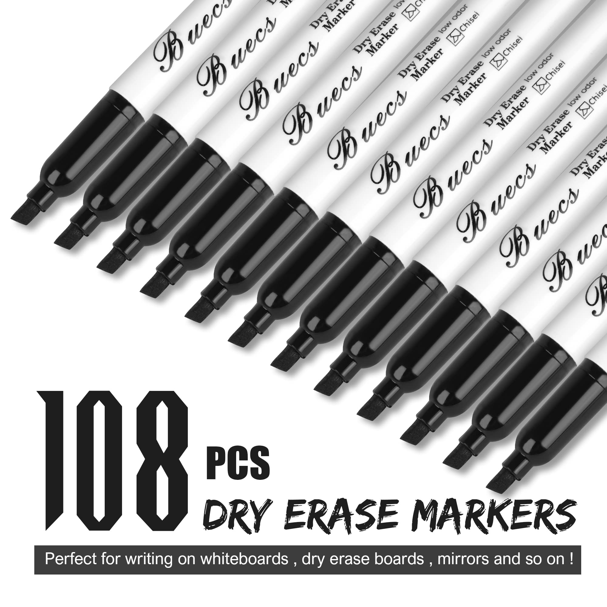 Buecs Black Dry Erase Markers, Low-Odor, 108 Count, Chisel tip, Perfect for Writing on Whiteboards, Dry-Erase Boards, Glass, School Office Supplies