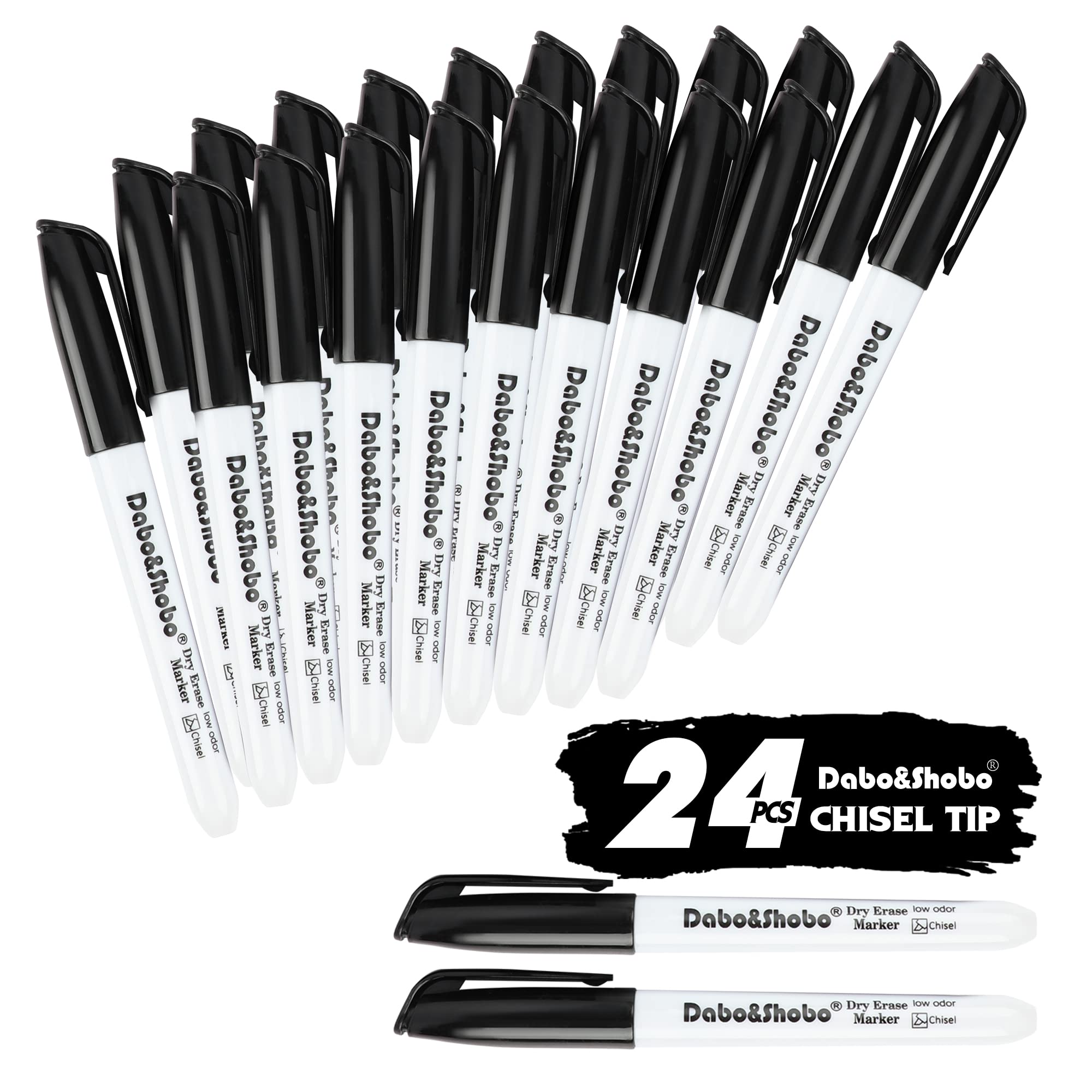 Dabo&Shobo Dry Erase Markers 24 Pack, Low Odor Black Whiteboard Markers, Chisel Tip, Perfect for Writing on Whiteboard Mirrors Glass In School, Office&Home…