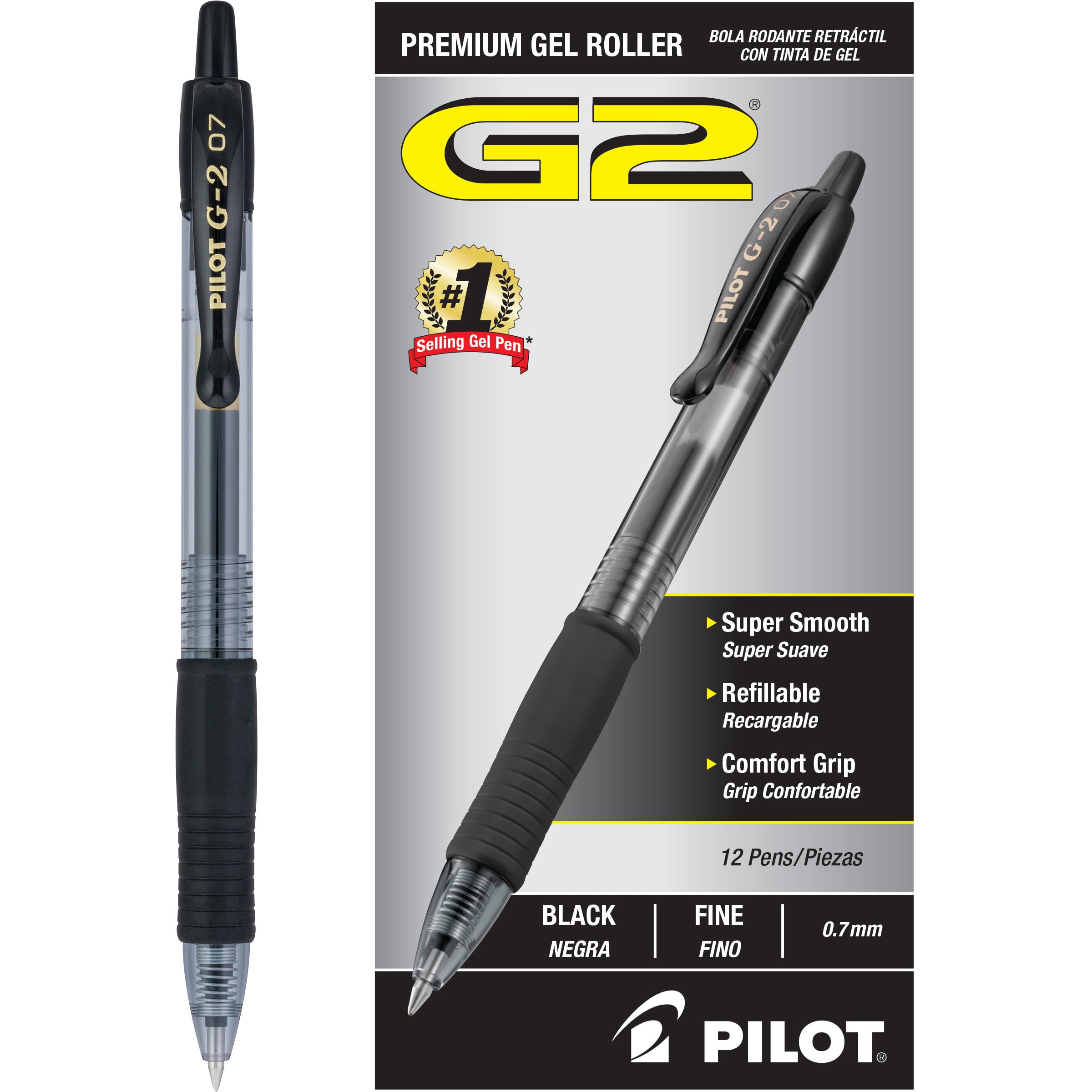 Pilot, G2 Premium Gel Roller Pens, Fine Point 0.7 mm, Black, Pack of 12 (Dozen Box)