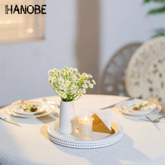 Hanobe Decorative Coffee Table Tray: White Beaded Round Serving Tray Modern Farmhouse Wooden Circle Centerpiece Tray Decor for Home Living Dining Room Kitchen Counter Bathroom