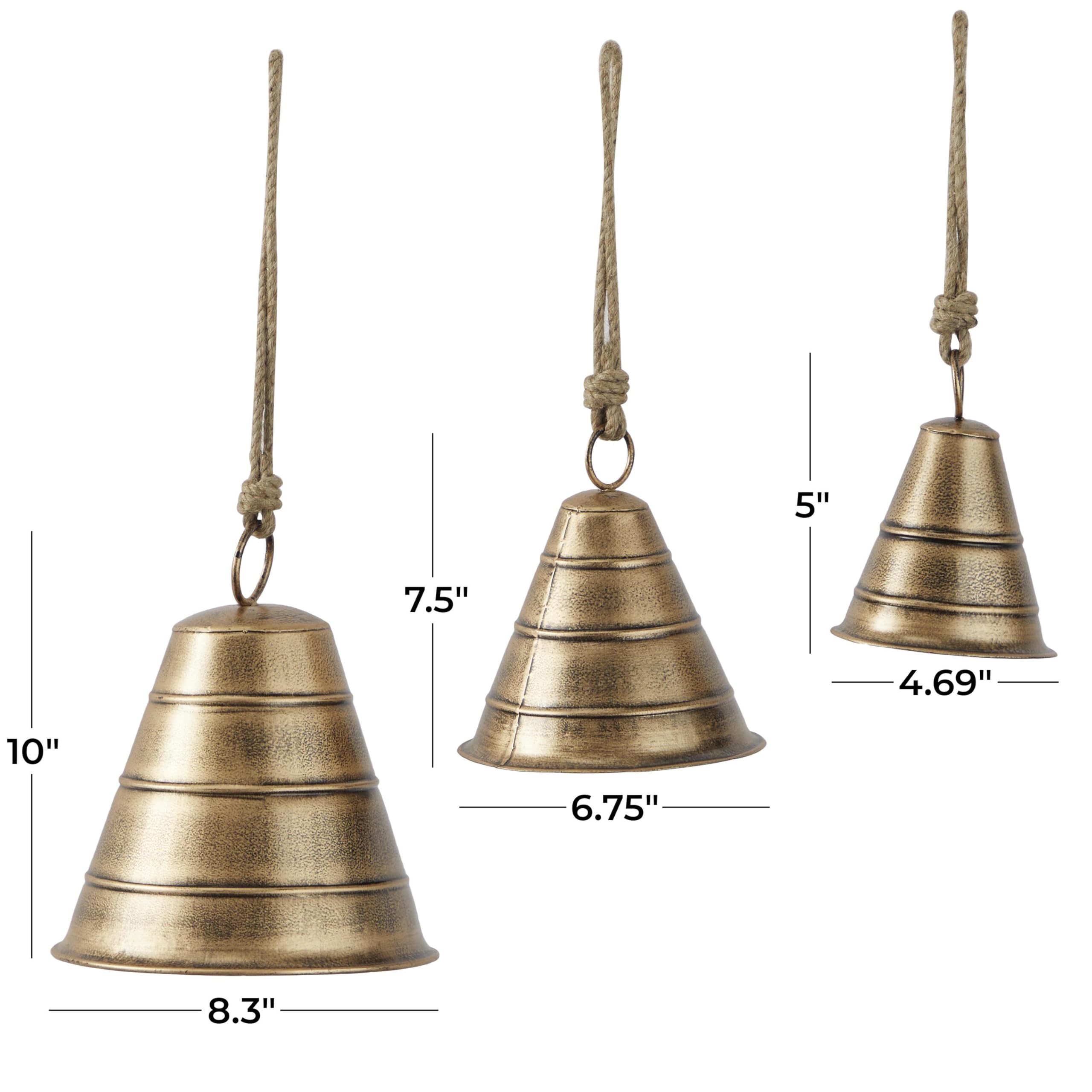 Deco 79 Metal Tibetan Inspired Decorative Cow Bell with Jute Hanging Rope, Set of 3 10", 8", 5"H, Bronze