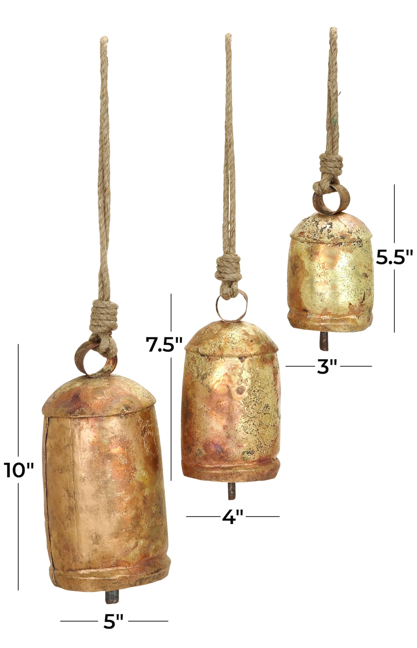 Deco 79 Metal Decorative Cow Bells Tibetan Inspired with Jute Hanging Rope, Set of 3 10",8",6"H, Gold