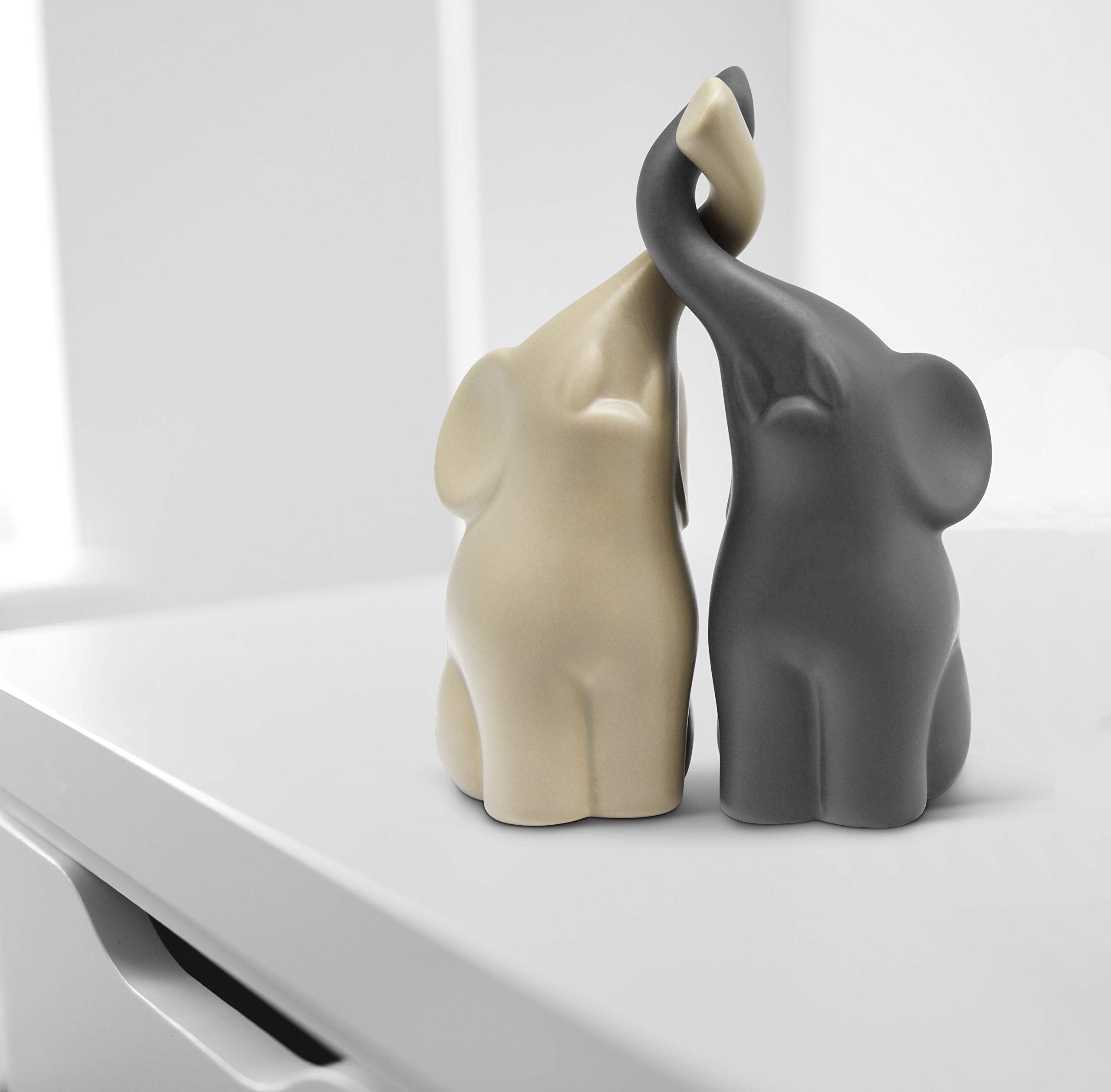 Vaudagio Loving Pair of Elephants in Beige & Grey - Modern Ceramic Sculpture - Figurine as a Set - Decoration Figure 6.3" high - Ornament Elephant in Love