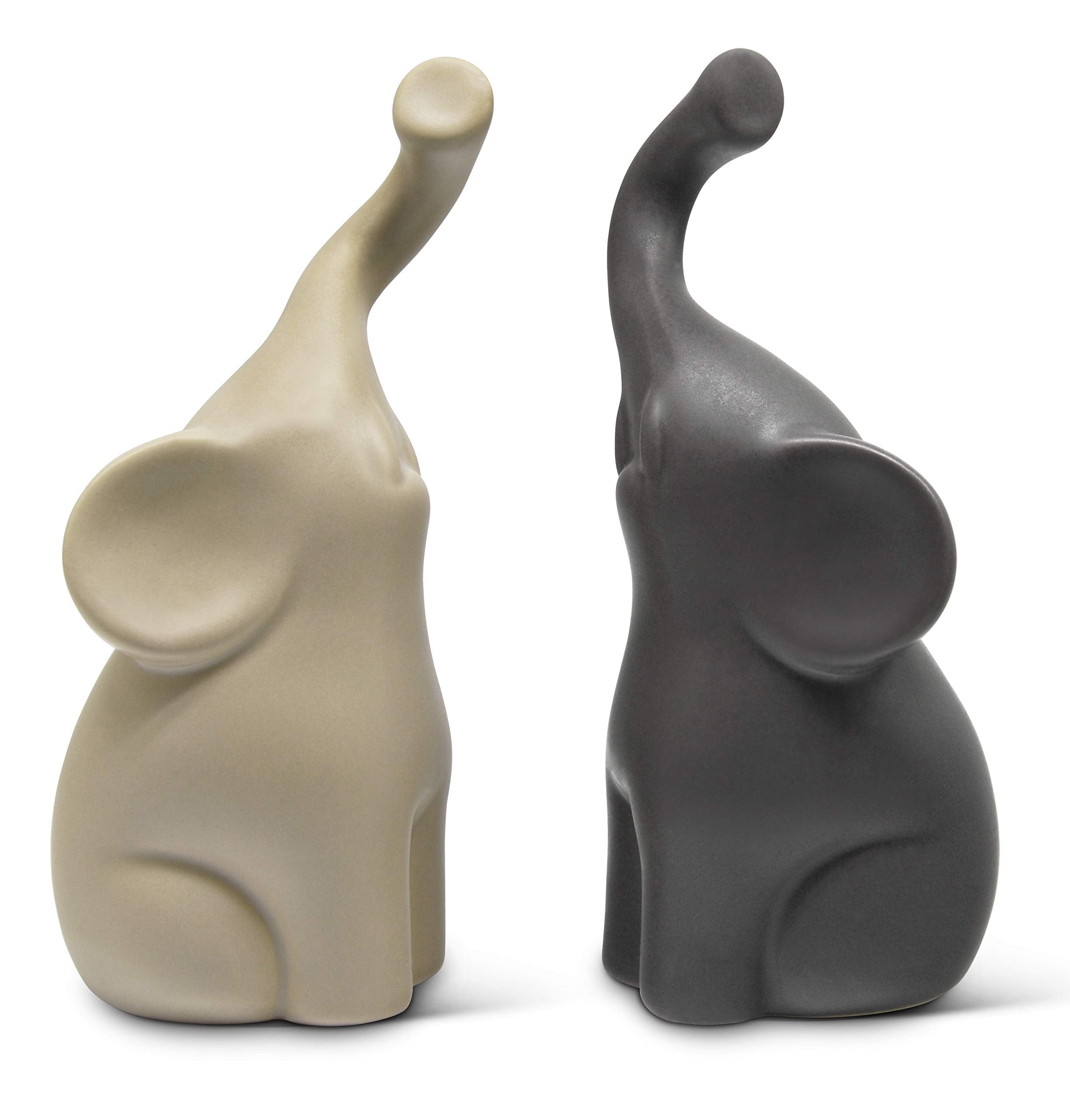 Vaudagio Loving Pair of Elephants in Beige & Grey - Modern Ceramic Sculpture - Figurine as a Set - Decoration Figure 6.3" high - Ornament Elephant in Love