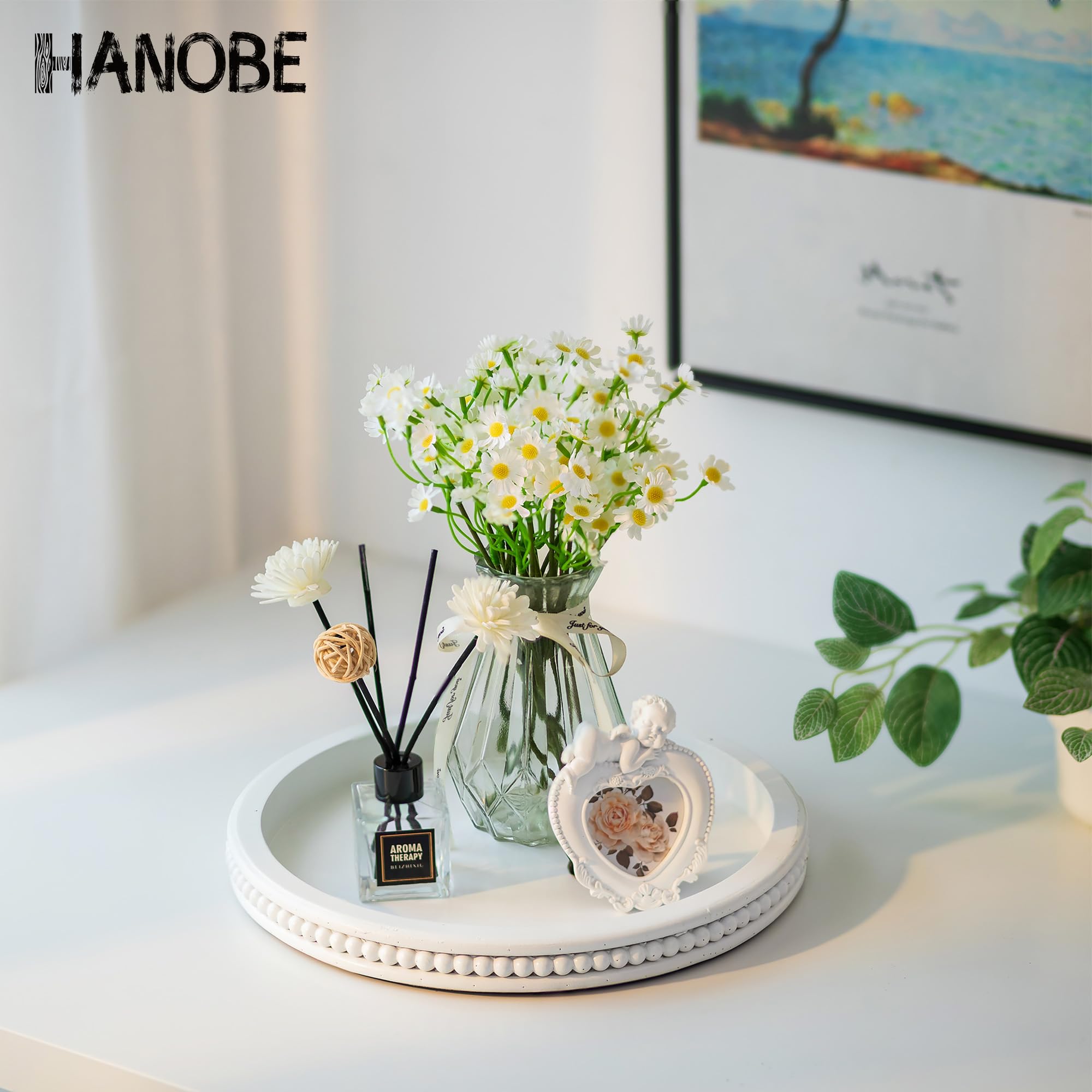 Hanobe Decorative Coffee Table Tray: White Beaded Round Serving Tray Modern Farmhouse Wooden Circle Centerpiece Tray Decor for Home Living Dining Room Kitchen Counter Bathroom