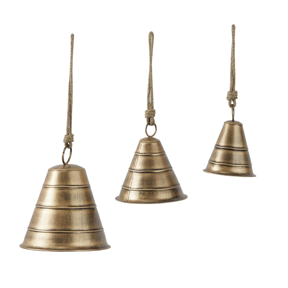 Deco 79 Metal Tibetan Inspired Decorative Cow Bell with Jute Hanging Rope, Set of 3 10", 8", 5"H, Bronze