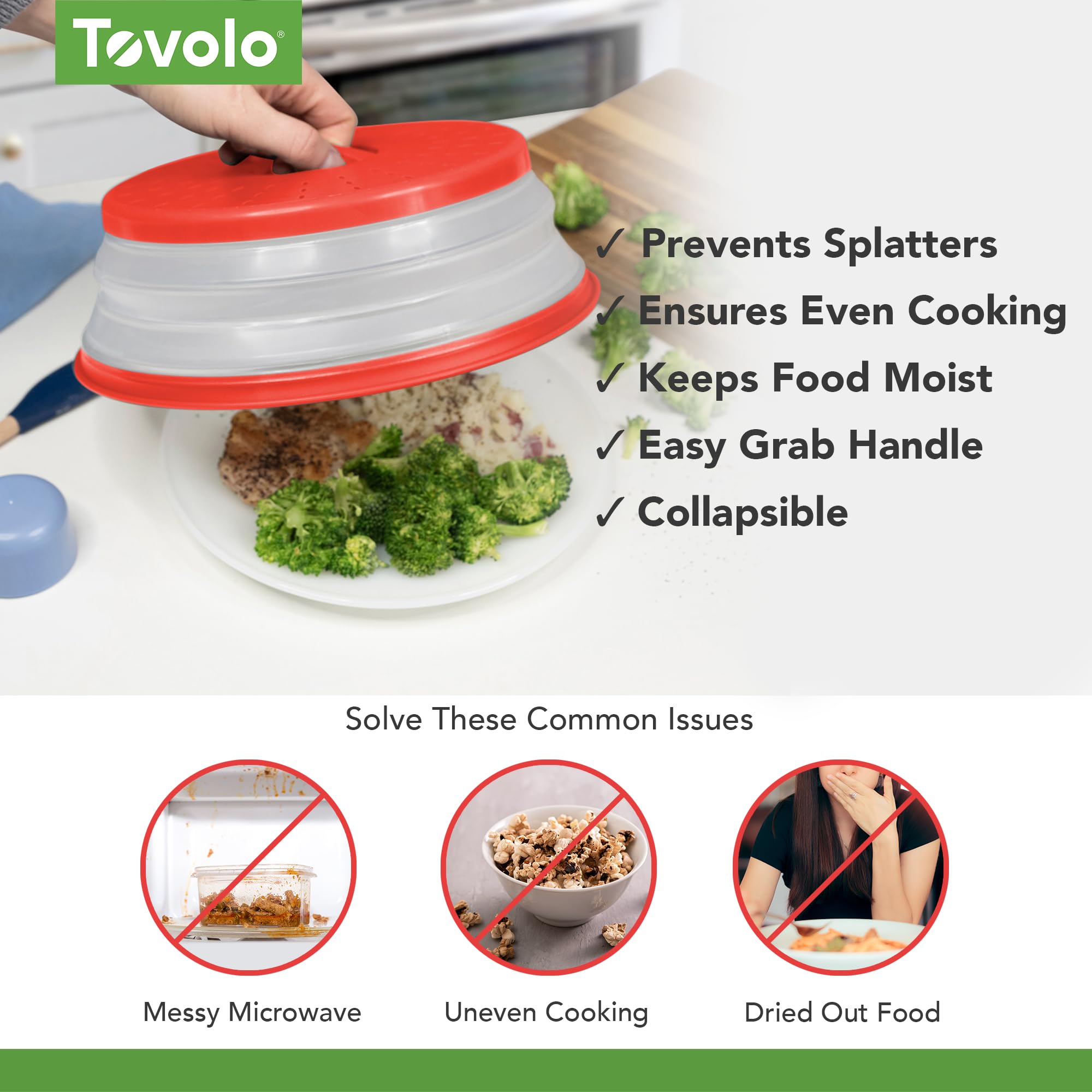 Tovolo Microwave Splatter Cover for Food, Medium (Candy Apple Red) - Collapsible & Vented Silicone Splatter Guard Lid - Microwave Plate & Dish Cover with Handle - BPA-Free Kitchen Gadget for Meal Prep