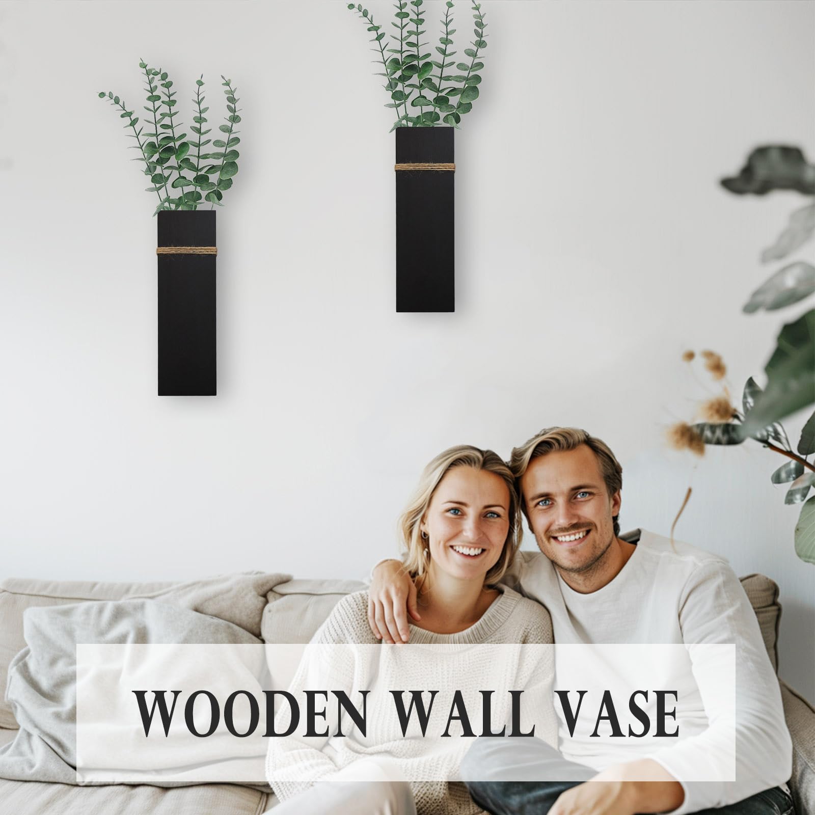 Wall Planters for Indoor Plants - 2 Pack Wood Wall Vases for Dried Flowers & Artificial Plants Modern Farmhouse Wooden Vase for Living Room Bedroom Kitchen Wall Decorations - Black