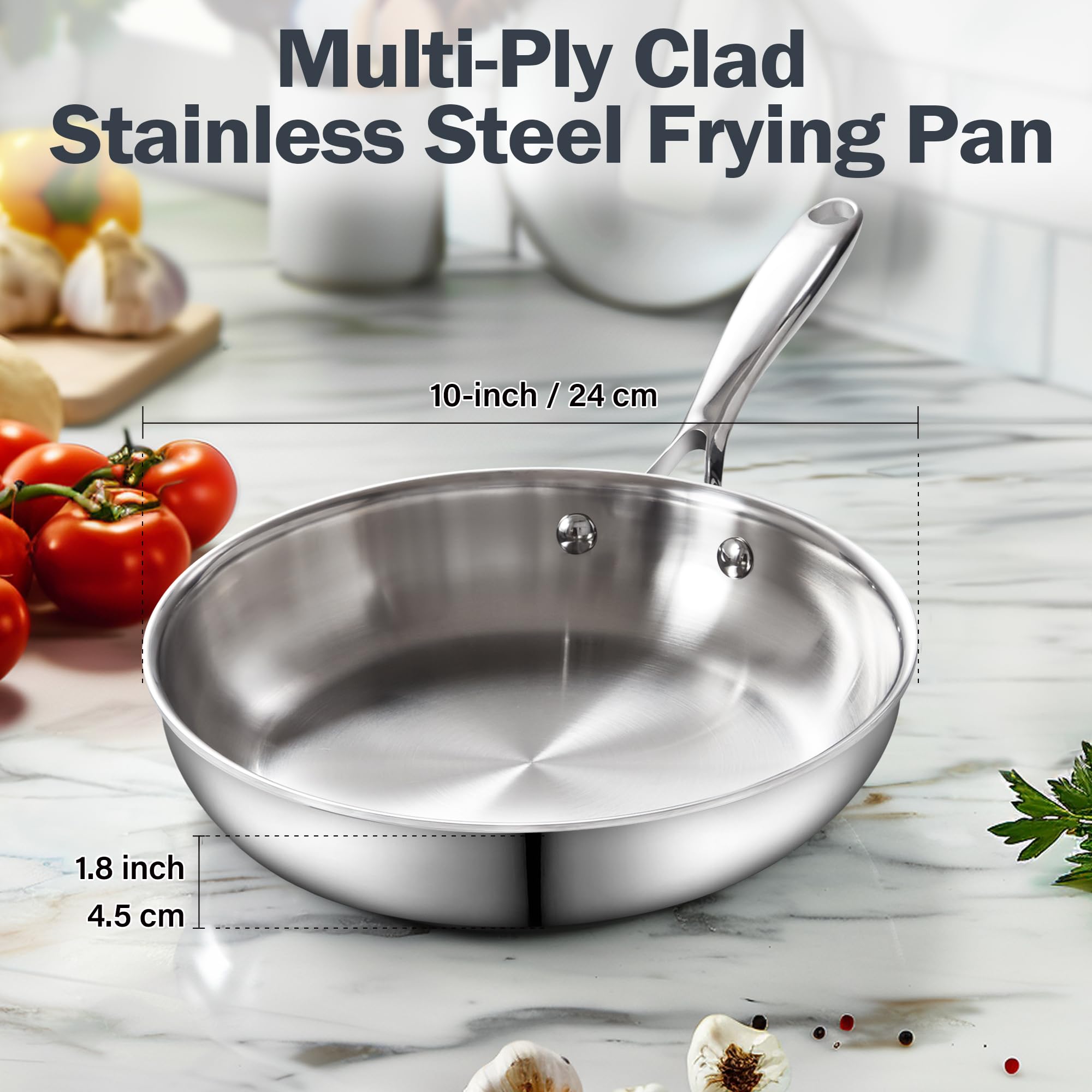 Cooks Standard Stainless Steel Frying Pan with Lid, 10-Inch Multi-Ply Clad Wok Stir Fry Pan, Kitchen Skillet, Silver