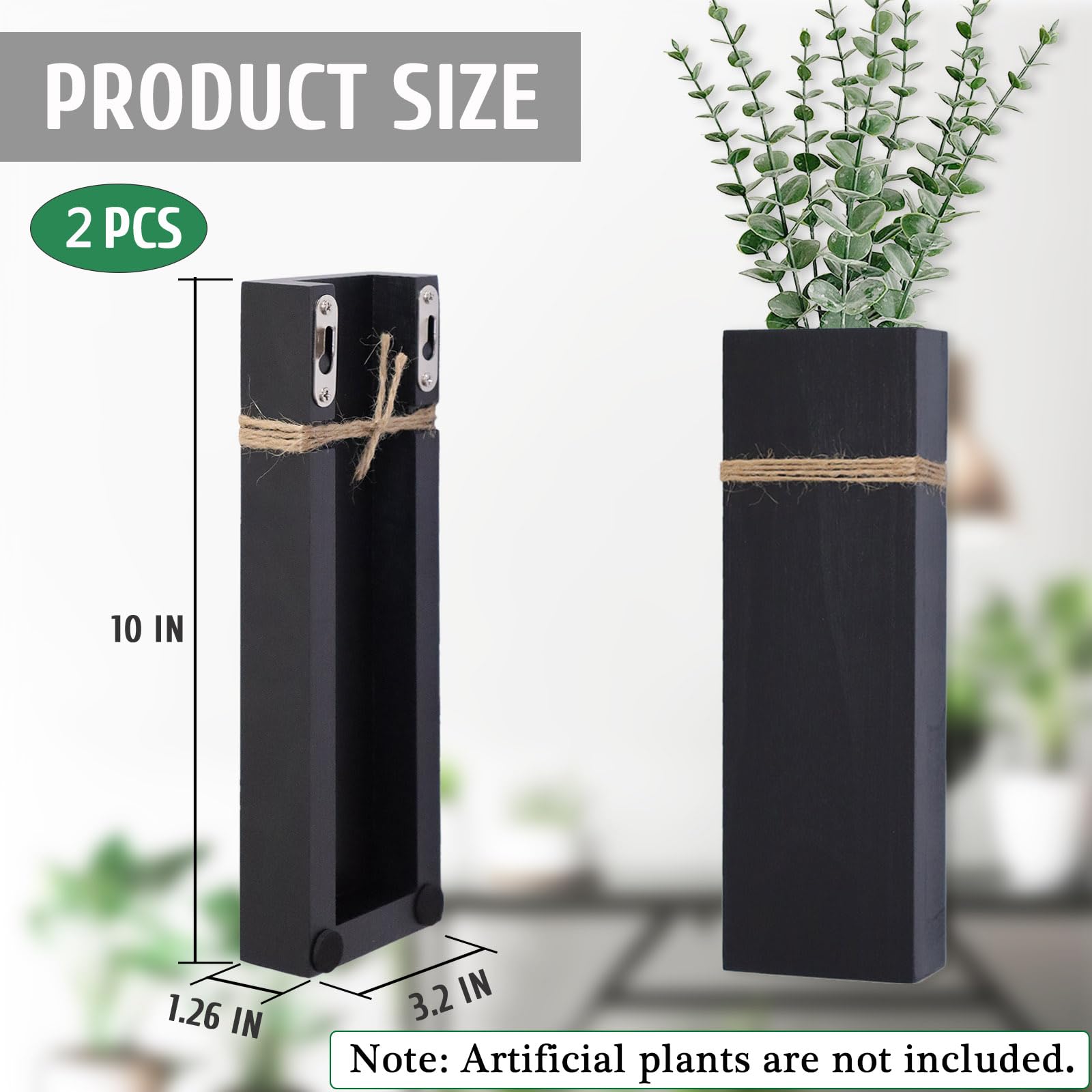 Wall Planters for Indoor Plants - 2 Pack Wood Wall Vases for Dried Flowers & Artificial Plants Modern Farmhouse Wooden Vase for Living Room Bedroom Kitchen Wall Decorations - Black