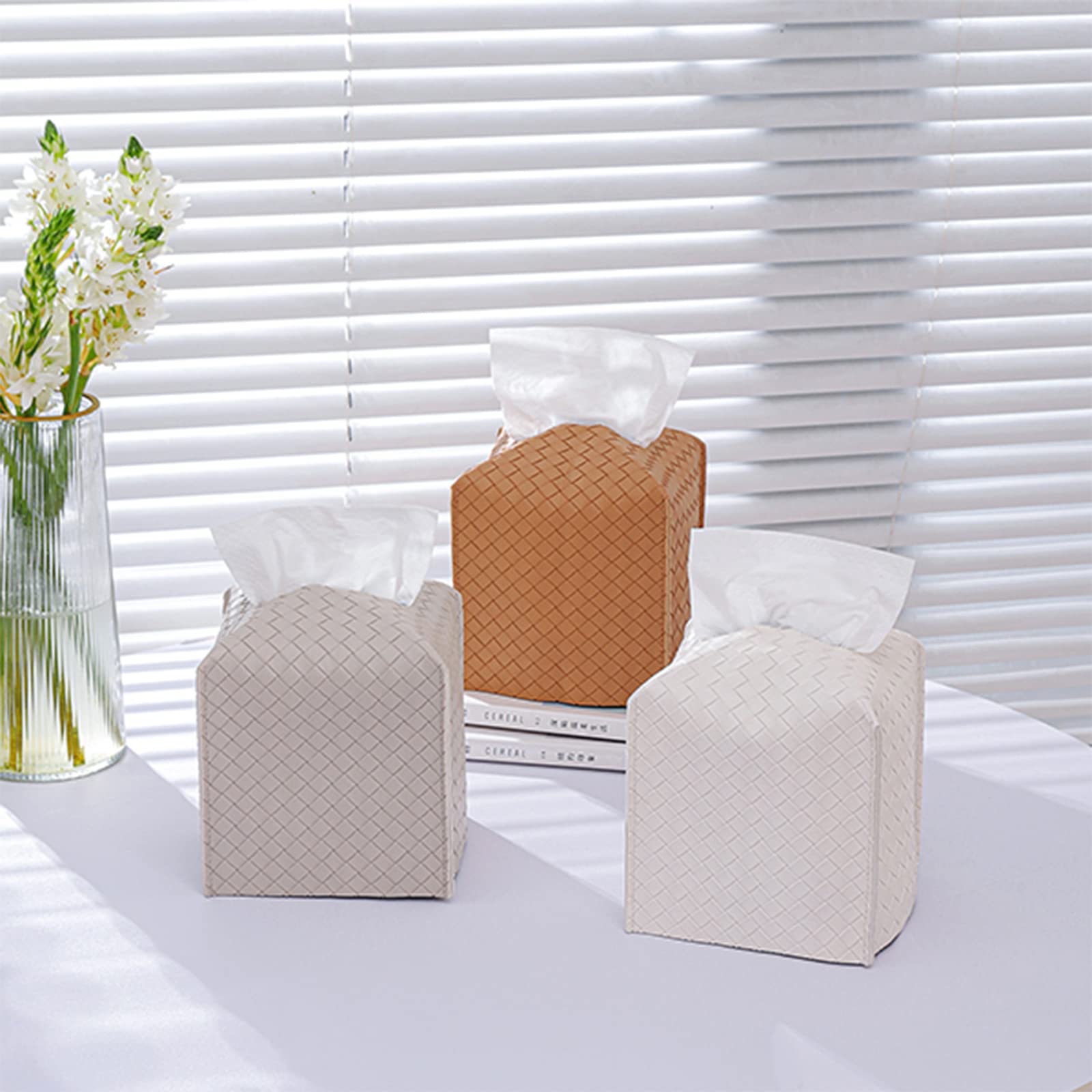 Tissue Box Cover PU Leather Tissue Holder Square Facial Tissue Case Facial Paper Organizer Dispenser for Bathroom, Vanity Countertop, Tabletop, Car, Griege