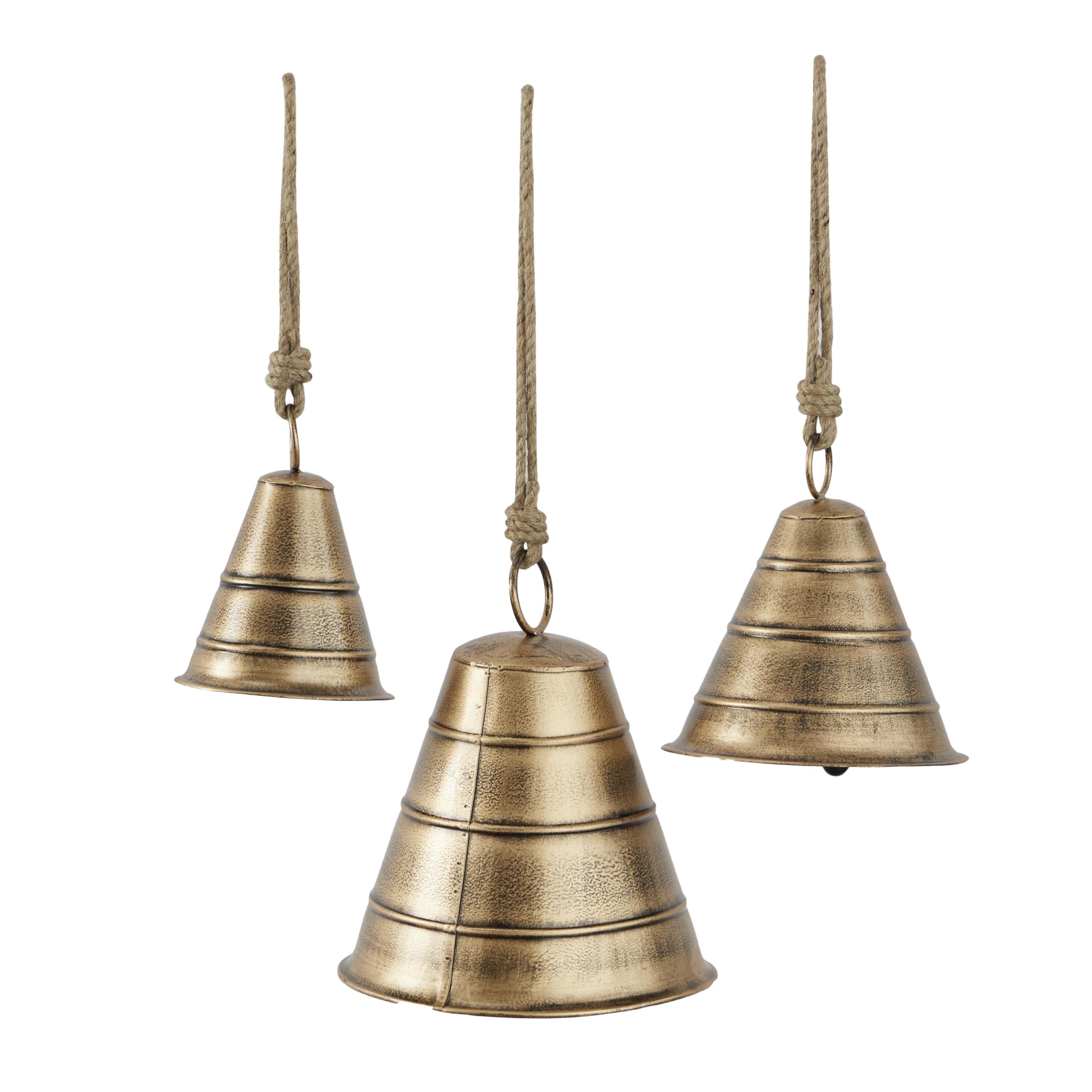 Deco 79 Metal Tibetan Inspired Decorative Cow Bell with Jute Hanging Rope, Set of 3 10", 8", 5"H, Bronze