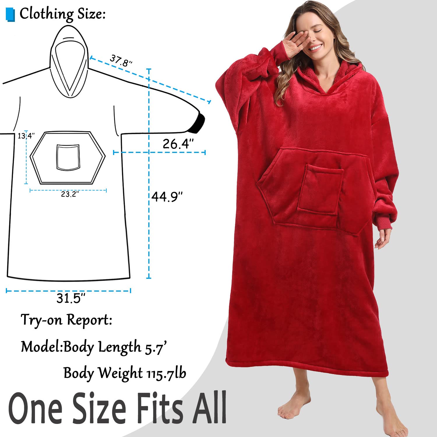 FUSSEDA Oversized Wearable Blanket Sweatshirt, Thick Warm Fleece Cozy Sherpa Hooded with Pockets and Sleeves Gift for Adult