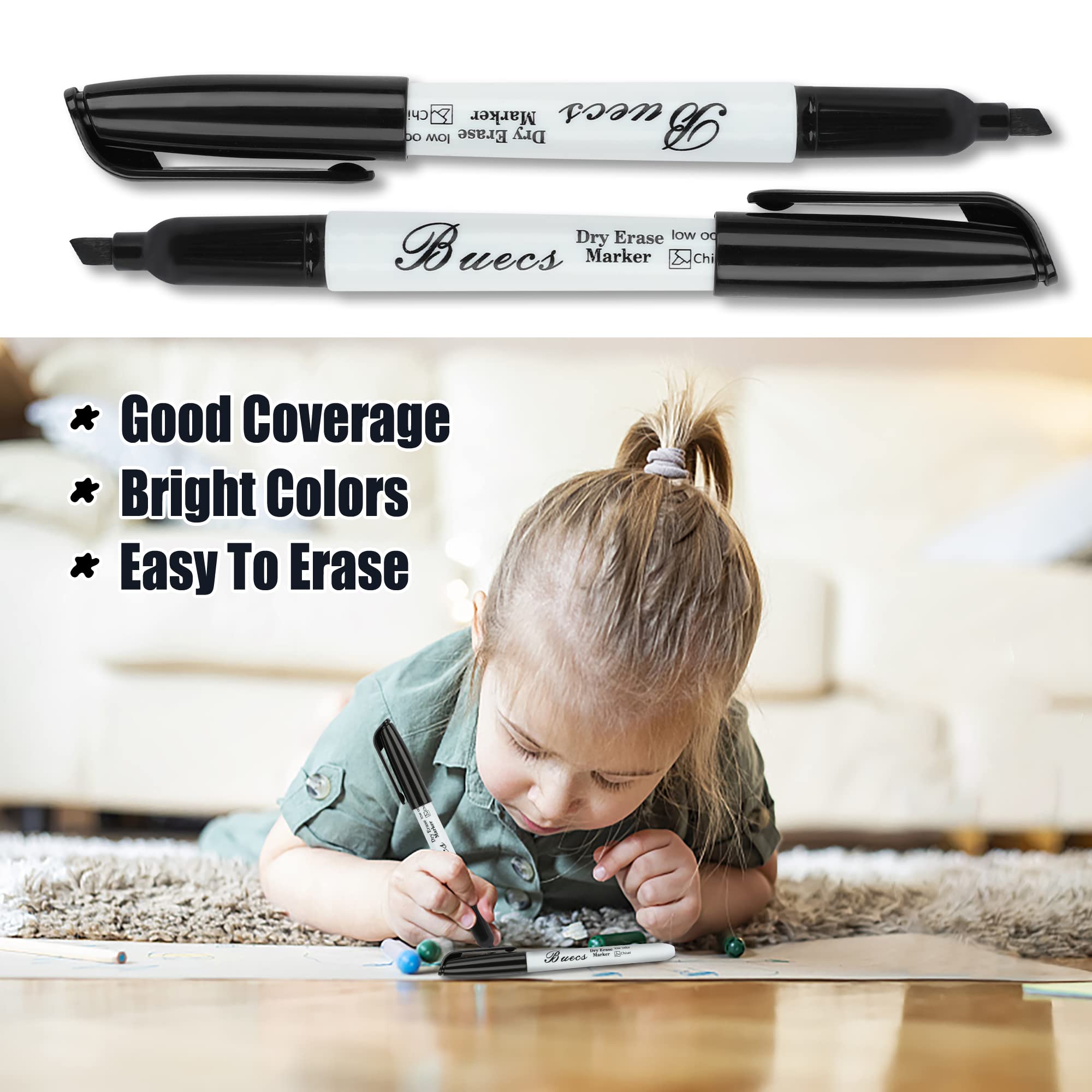 Buecs Black Dry Erase Markers, Low-Odor, 108 Count, Chisel tip, Perfect for Writing on Whiteboards, Dry-Erase Boards, Glass, School Office Supplies