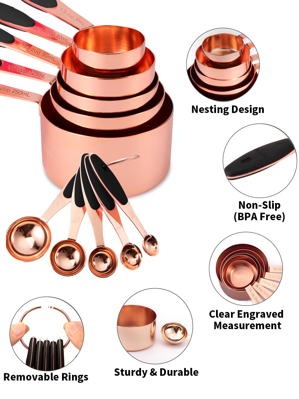 Joyhill Copper Measuring Cups and Spoons Set of 10 Piece, Stainless Steel Nesting Measuring Cup Set with Soft Touch Silicone Handles for Dry and Liquid Ingredients