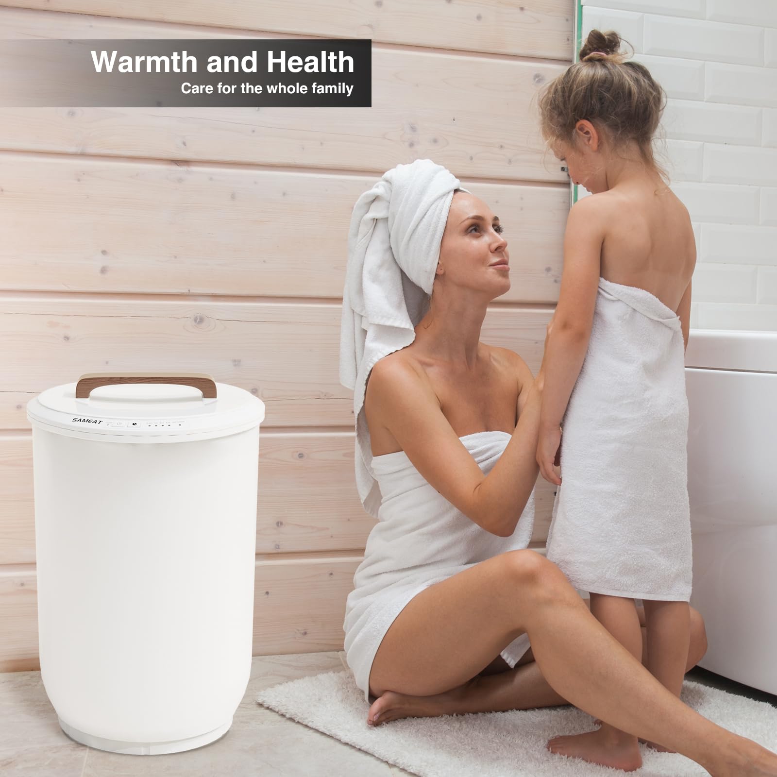 SAMEAT Heated Towel Warmers for Bathroom - Large Towel Warmer Bucket, Wood Handle, Auto Shut Off, Fits Up to Two 40"X70" Oversized Towels, Best Ideals