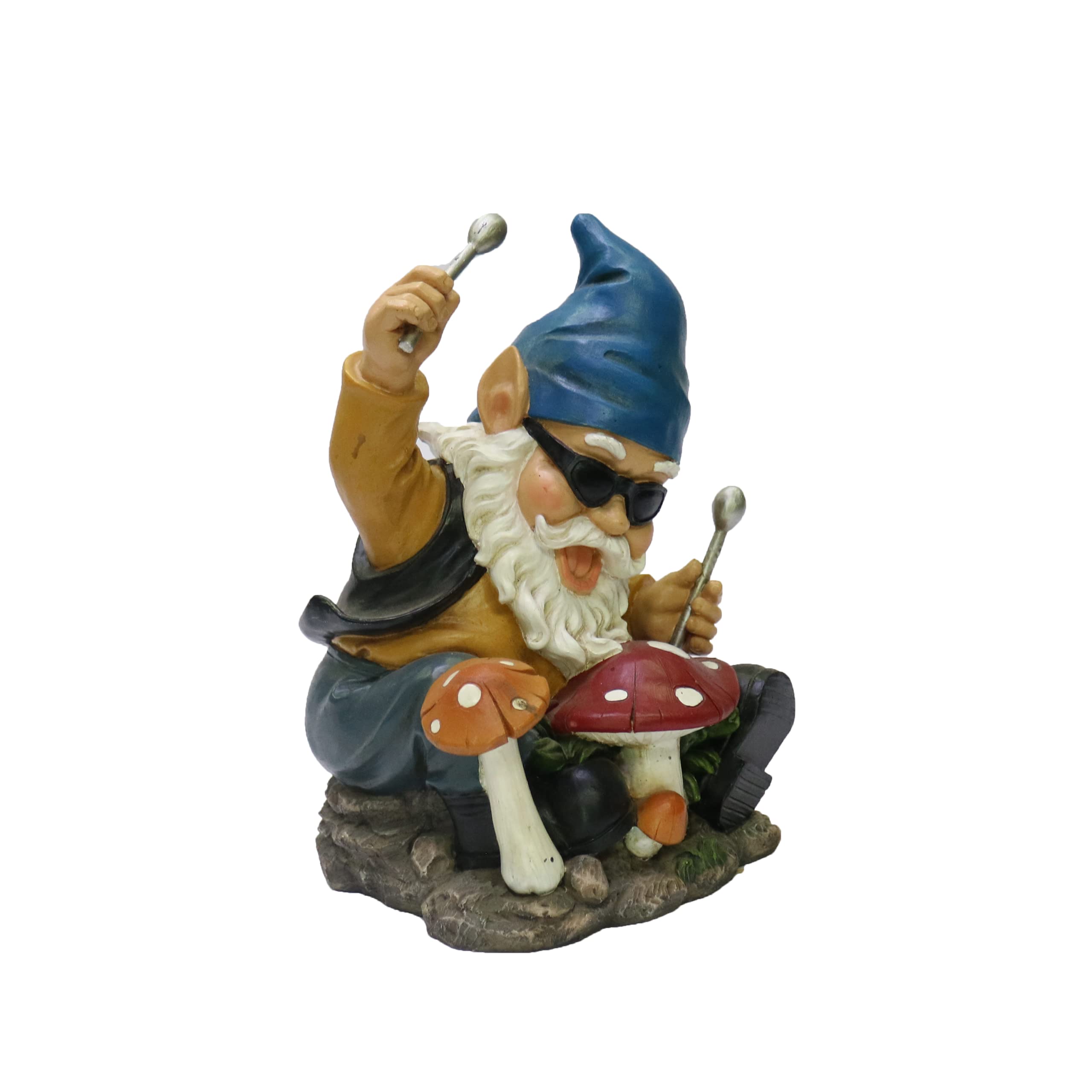 Nature's Mark Rock n Roll Gnome in a Band Playing Drums Resin Statue Figurine Home Garden Decorative Accent Décor (8" H)