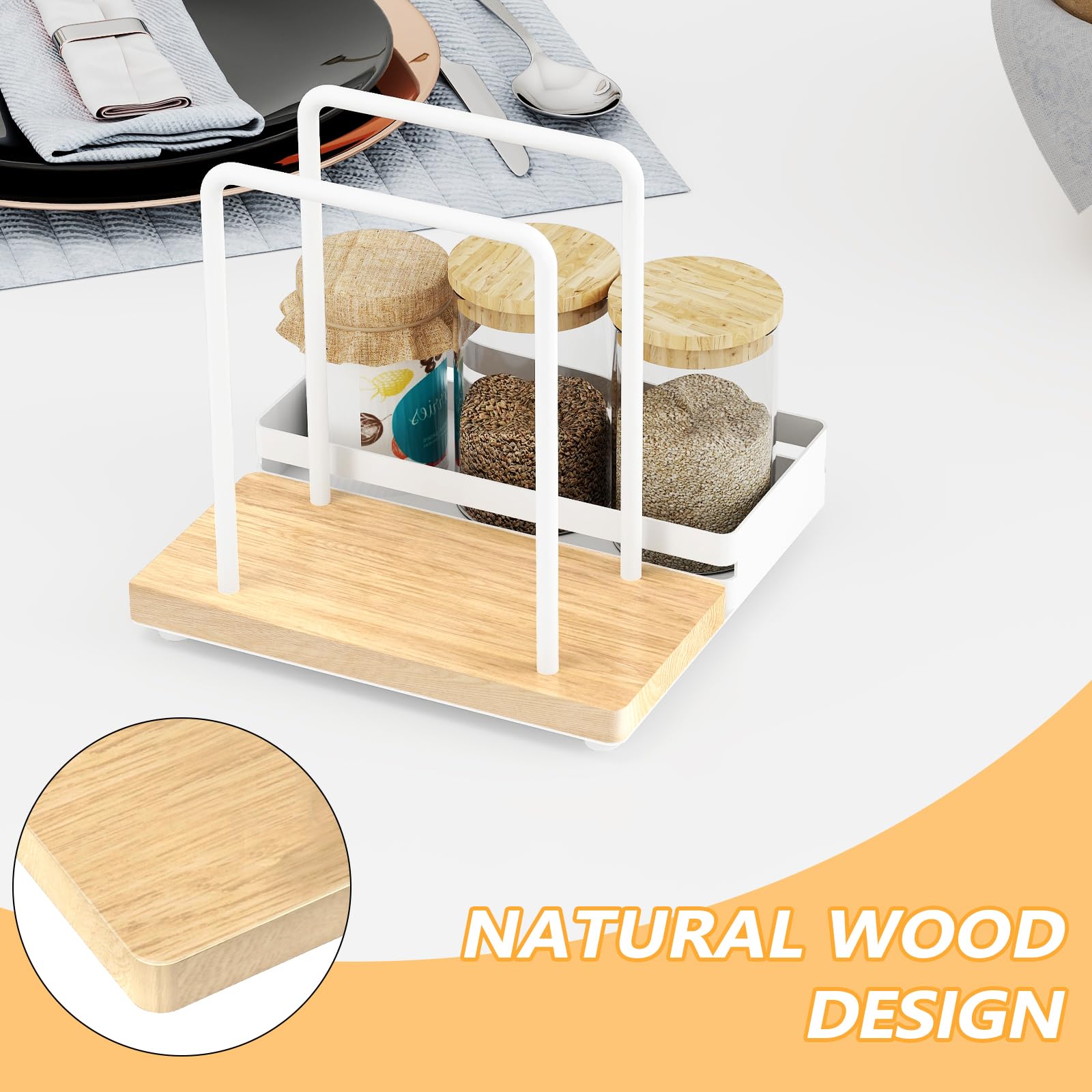 Napkin Holder, Wood Metal Napkin Holder for Table with Salt and Pepper Shakers Caddy, Standing Paper Napkin Dispenser for Kitchen Dining Countertop Decor, Wood & Metal Base, White