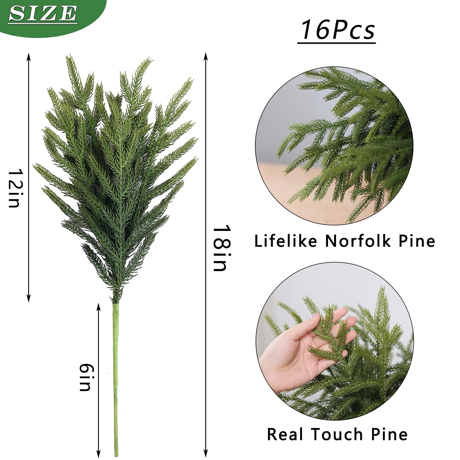 YXZZWL 16 Pcs Christmas Norfolk Pine Branches, 18 Inch Real Touch Artificial Norfolk Pine Branch Faux Cedar Pine Stem Fake Greenery Pine Picks for Vase DIY Garland Wreath Home Decoration