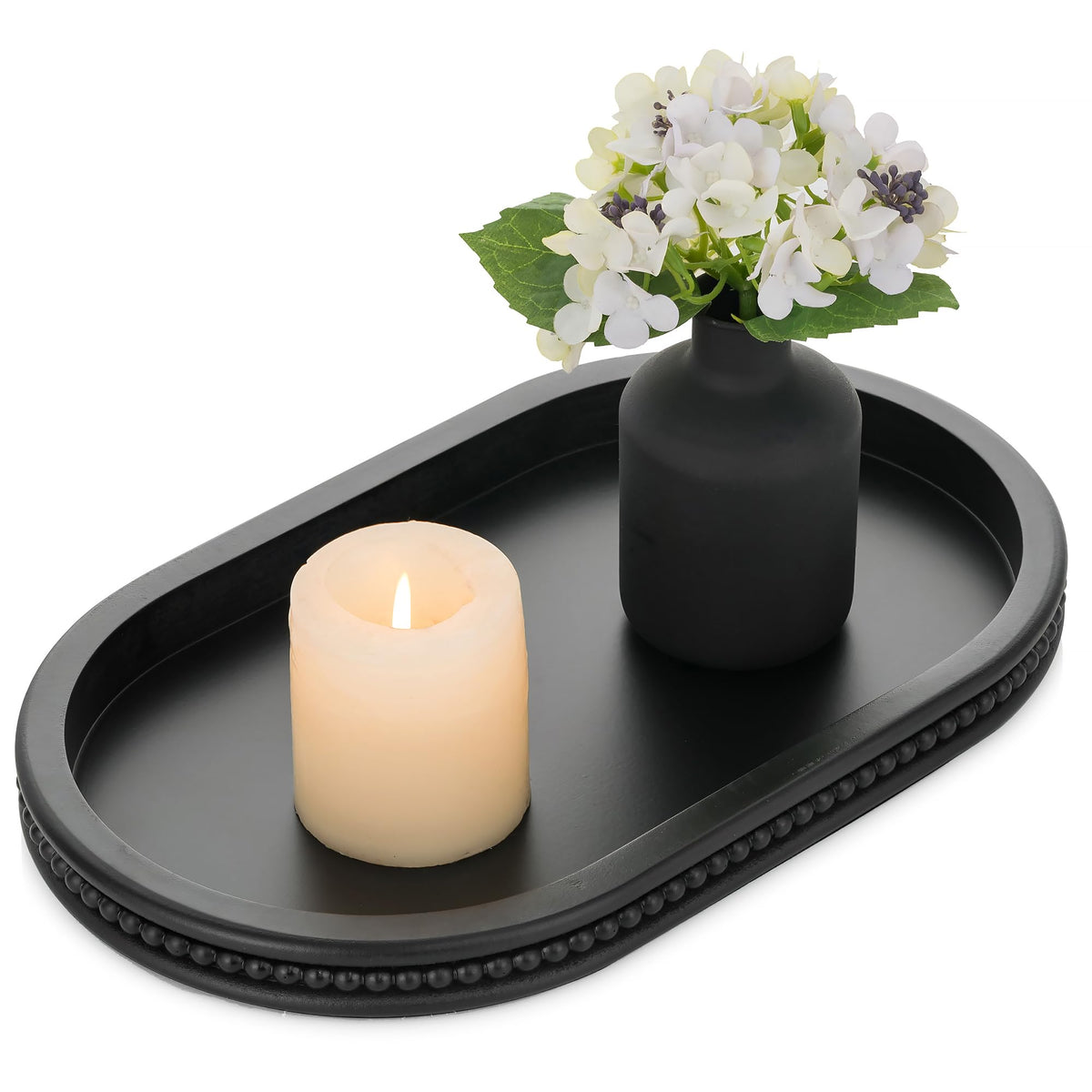 Hanobe Beaded Decorative Tray Decor: Black Wood Coffee Table Centerpieces for Ottoman Dining Living Room - Oval Modern Farmhouse Serving Trays for Kitchen Counter Entryway Home