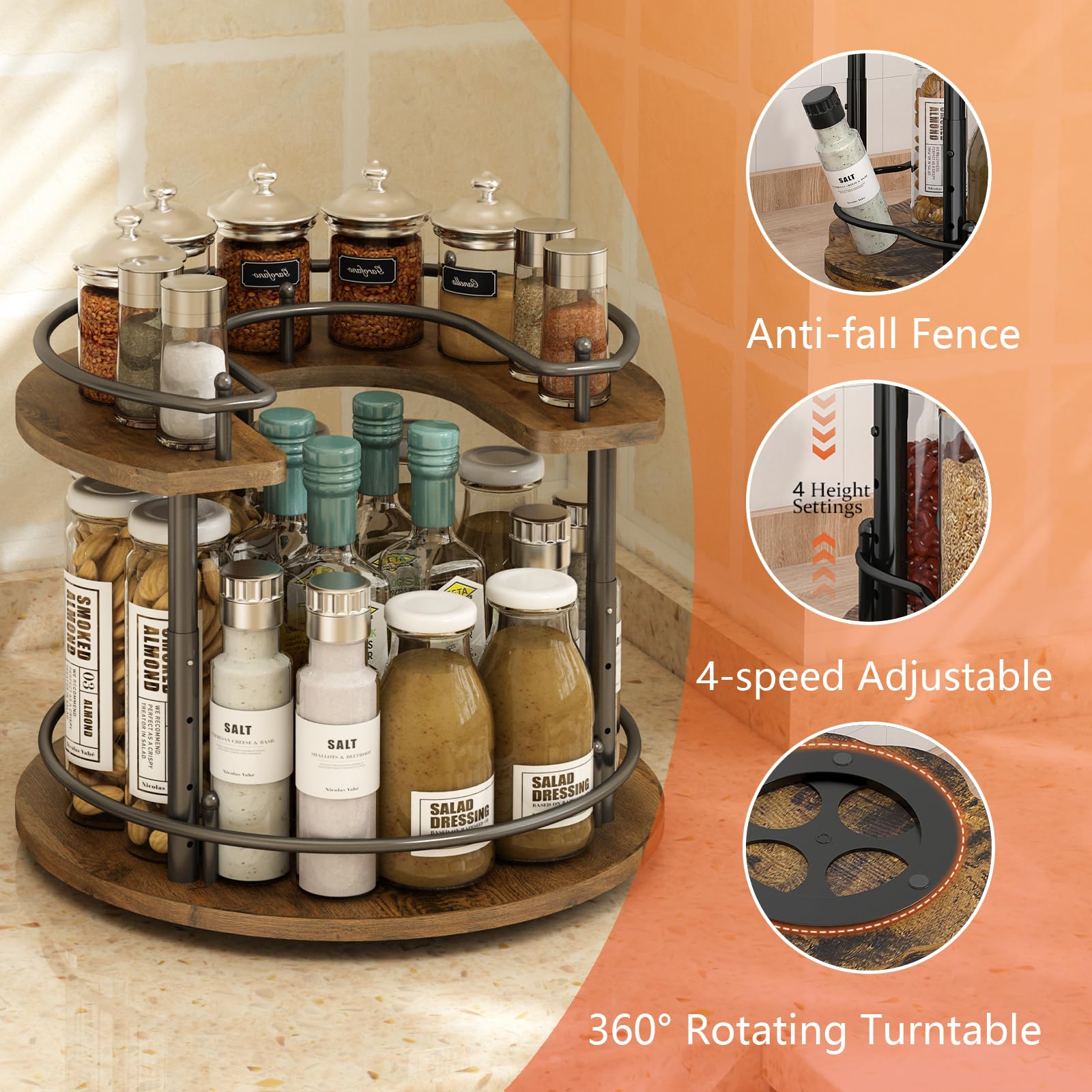 LIAISIMI 2 Tier Lazy Susan Organizer,2-Tier Spinning Spice Rack with Stable Carousel Base & 4 Height Settings for Cupboard Kitchen Countertop Dining Table Cupboard (Round)