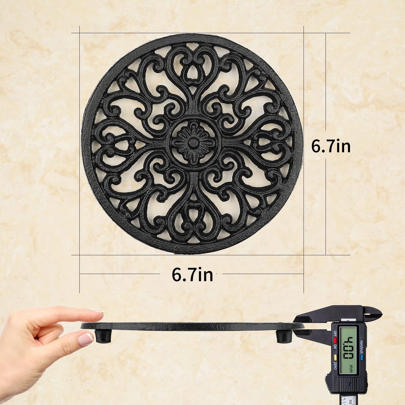 HERNGEE 2 Pack Round Cast Iron Trivet, 6.7 Inch Heavy-Duty Trivets for Hot Dishes, Pots and Pans, with Rubber Feet Non-Slip, Rustic Cast Iron Holder for Kitchen Dining Table Countertop