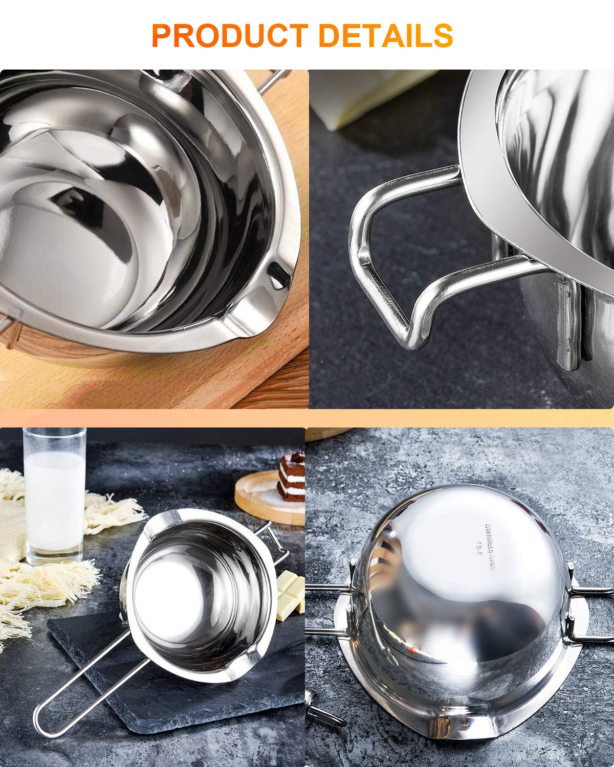 Stainless Steel Double Boiler Pot for Melting Chocolate, Candy and Candle Making (18/8 Steel, 2 Cup Capacity, 480ML)