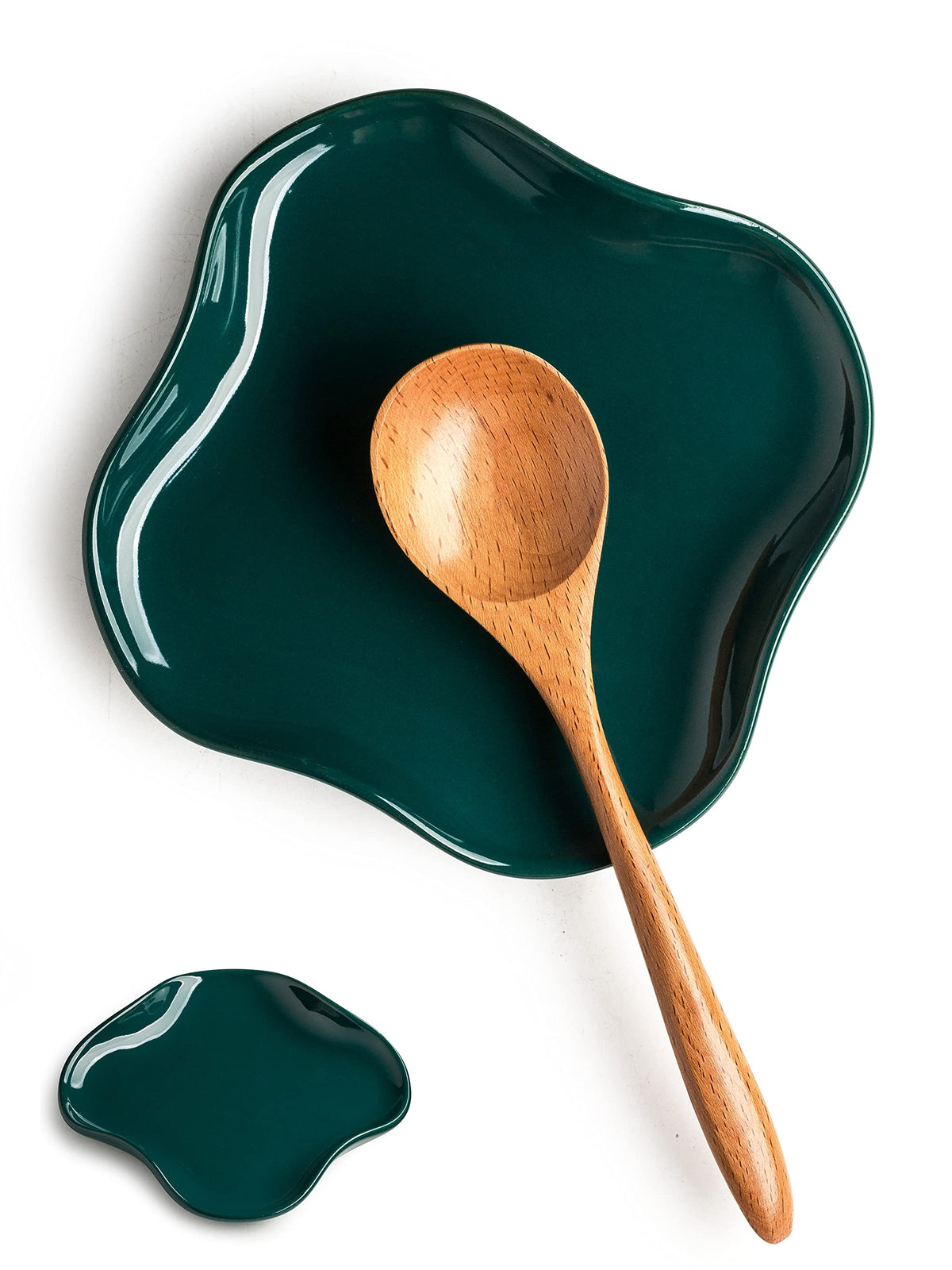 Cormomu Spoon Holder, Ruffled Edge Ceramic Ladle Holder for Stove Top, Modern Kitchen Decor Stove Spoon Holder Cooking Ladle Holder for Multiple Utensils, Christmas Gifts Dark Green