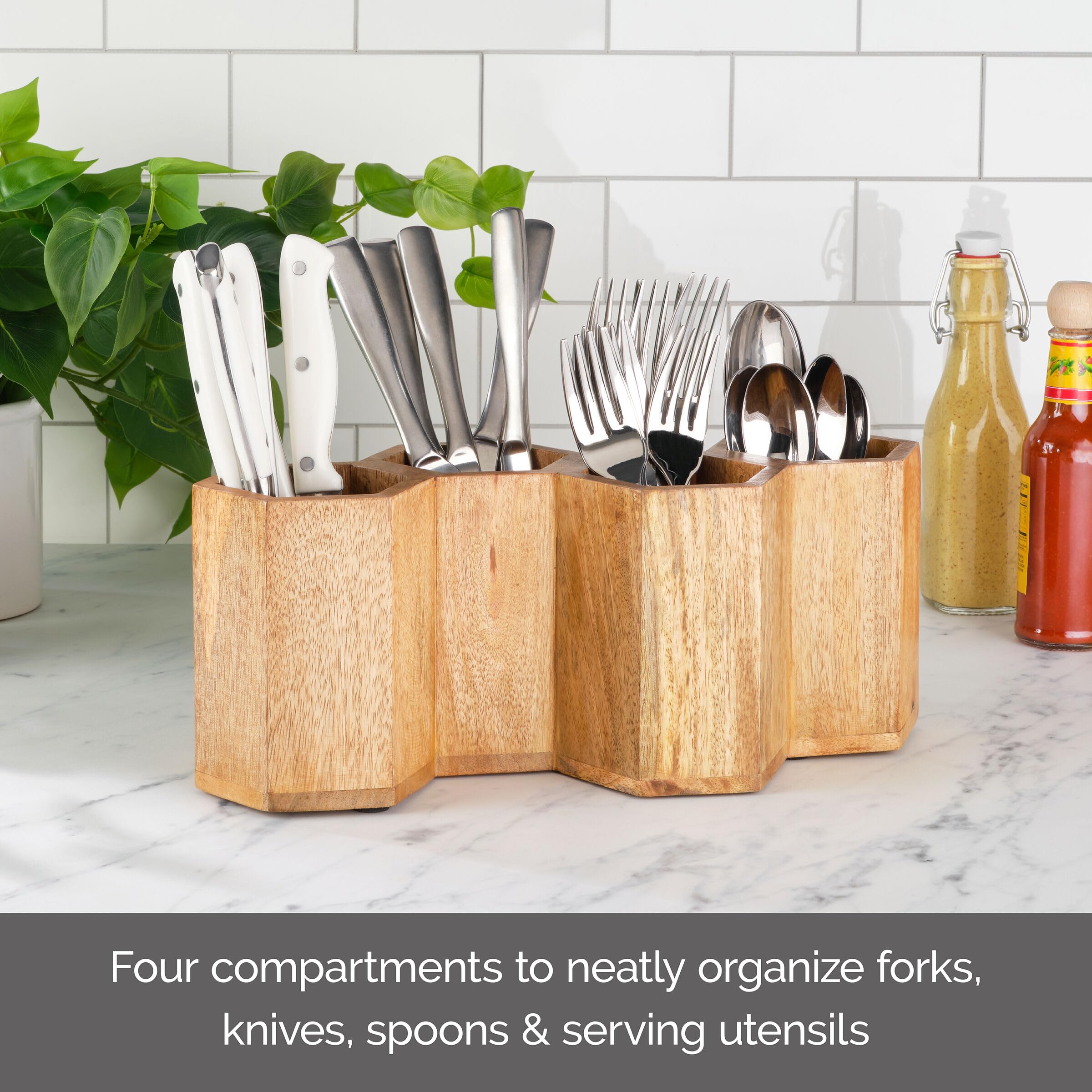 Gourmet Basics by Mikasa Hex Wooden Flatware Storage Caddy, 13x5.25x5 Inch, Brown