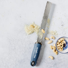 Microplane Premium Zester Grater in Denim Blue | Lemon Zester tool, Hard Cheese & Vegetable Grater | For Citrus, Parmesan Cheese, Garlic, Ginger, Nutmeg | Fine Stainless Steel Blade, Made in USA