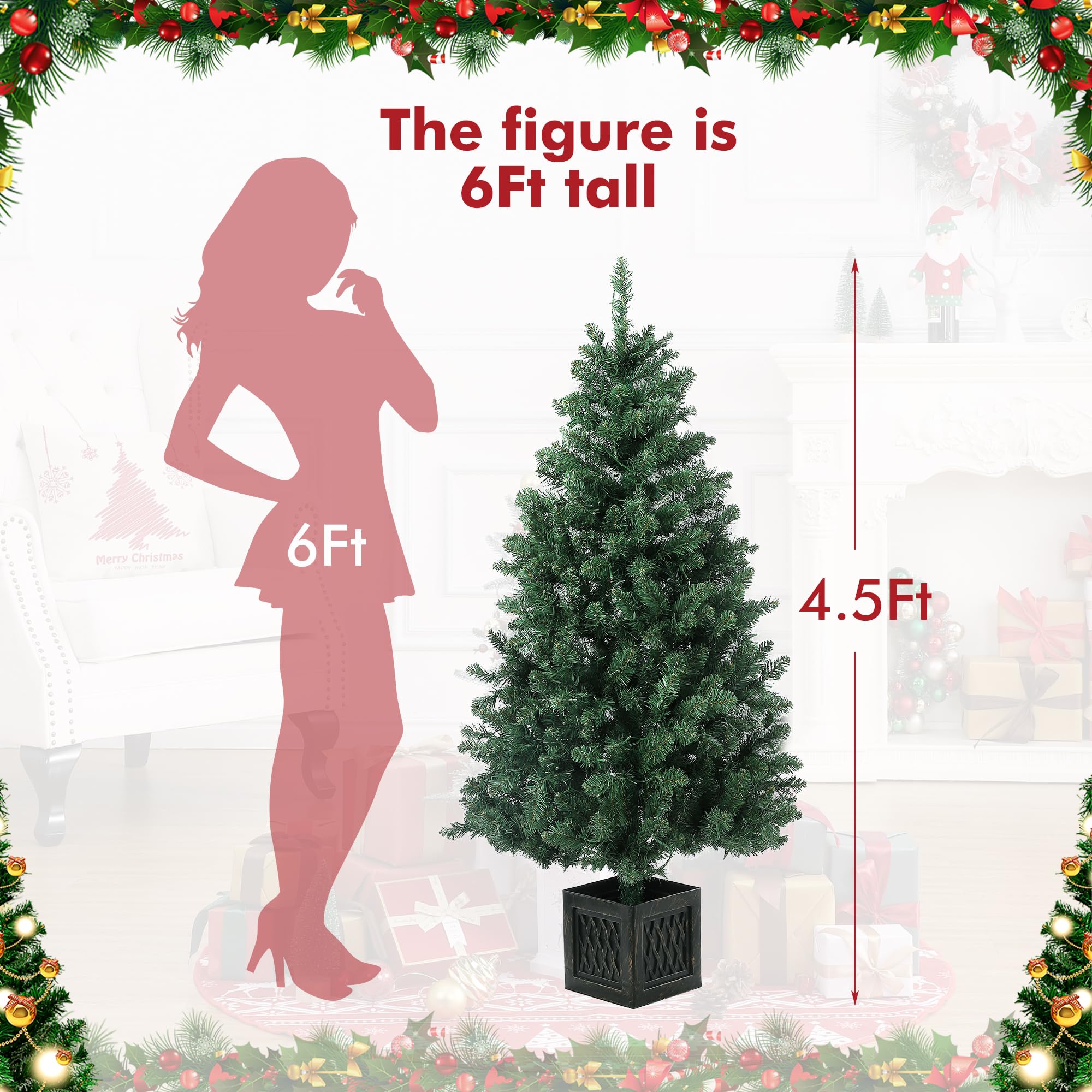 GAOMON 4.5 Ft Christmas Tree with 300 Warm White LED Lights, Pre-Lit Flocked Christmas Tree with PVC Branch Tips, Holiday Artificial Xmas Pine Tree for Home Christmas Party Decoration