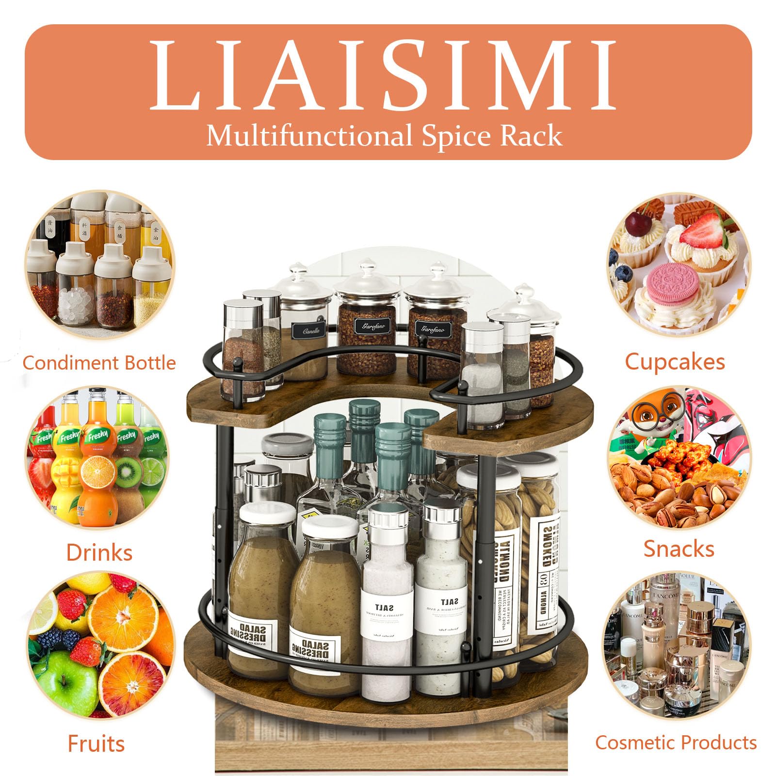 LIAISIMI 2 Tier Lazy Susan Organizer,2-Tier Spinning Spice Rack with Stable Carousel Base & 4 Height Settings for Cupboard Kitchen Countertop Dining Table Cupboard (Round)